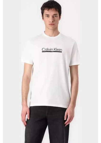 Erkek Regular Fit Kontur Grafik Baskılı T-Shirt - Beyaz