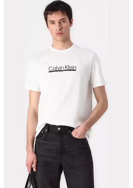 Erkek Regular Fit Kontur Grafik Baskılı T-Shirt - Beyaz modelleri