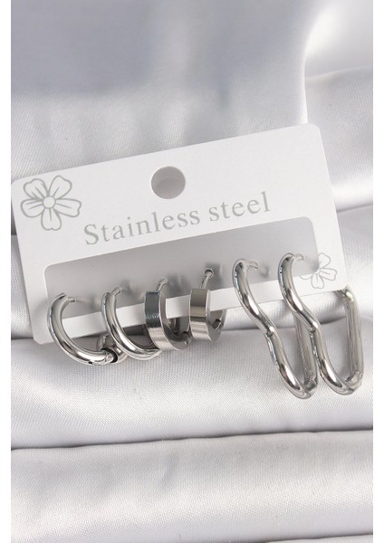 316L Çelik Gümüş Renk Kalp Halka Model Kadın Küpe Seti