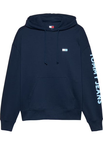Erkek Cropped Fit Kapüşonlu Kol Baskılı Sweatshirt - Lacivert