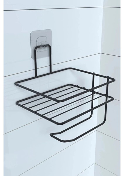 Bfs Kendiliğinden Yapışkanlı Tuvalet Kağıdı Tutacağı ve Yedek Raf - Siyah Modern Metal Tasarım