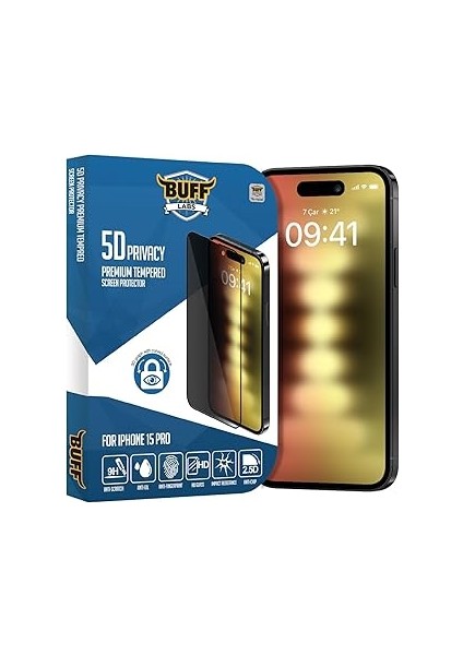 Buff, Iphone 15 Pro ile Uyumlu 5d Privacy Hayalet Ekran Koruyucu, BF2252, Siyah