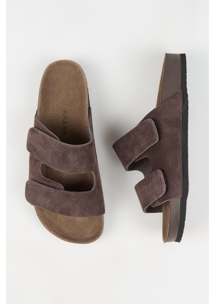 Robert Erkek Hakiki Deri Çift Bantlı Cırtlı Kahve Terlik