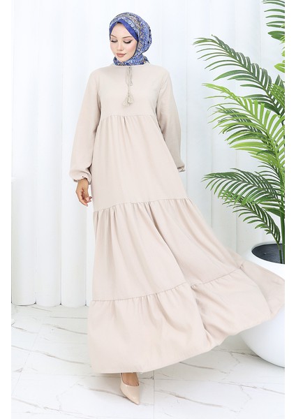 Yaka Bağcıklı Kat Kat Elbise 4107-08 Vizon fiyatları