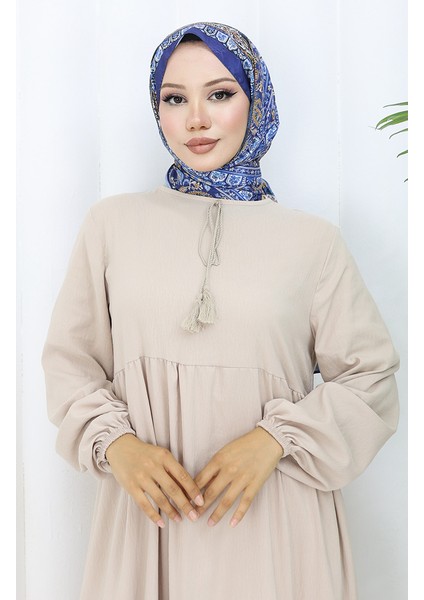 Yaka Bağcıklı Kat Kat Elbise 4107-08 Vizon modelleri