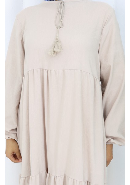 Yaka Bağcıklı Kat Kat Elbise 4107-08 Vizon fırsatları