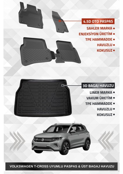 Volskwagen T-Cross 2022+ Uyumlu 4.5d Premium Havuzlu Oto Paspas ve Liner Marka 3D Üst Bagaj Havuzu