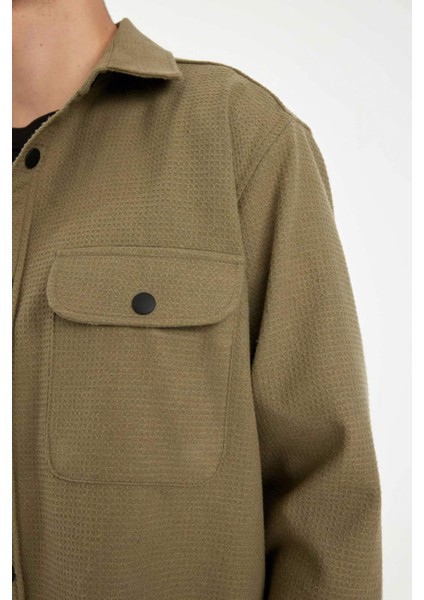 Relax Fit Yaka Waffle Basic Düz Pamuk Karışımlı Uzun Kollu Gömlek A6872AX24AU