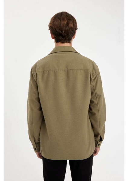 Relax Fit Yaka Waffle Basic Düz Pamuk Karışımlı Uzun Kollu Gömlek A6872AX24AU