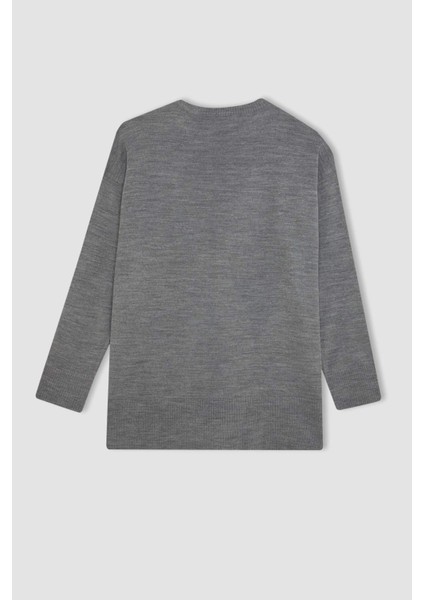 Regular Fit Bisiklet Yaka Yırtmaçlı Basic Düz Triko Kazak Tunik C5165AX24AU