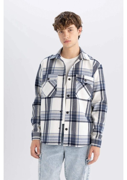 Lacivert Relax Fit Polo Yaka Kareli Oduncu Flanel Pamuklu Uzun Kollu Gömlek Z0639AZ24AU