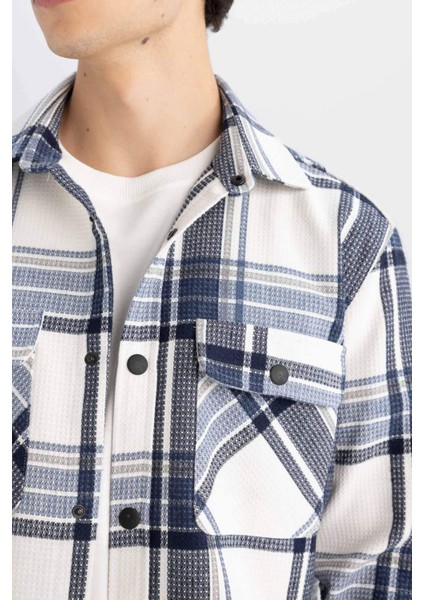 Lacivert Relax Fit Polo Yaka Kareli Oduncu Flanel Pamuklu Uzun Kollu Gömlek Z0639AZ24AU