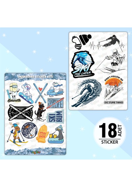 Snowboard Sticker Seti, Kayak Temalı Sticker Seti, Kış Tatili Sticker, 18 Adet Skiing Etiket