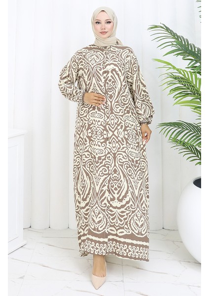 Boydan Düğmeli Viskon Elbise 2095-02 Kahverengi