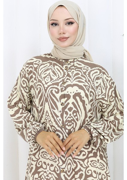 Boydan Düğmeli Viskon Elbise 2095-02 Kahverengi modelleri