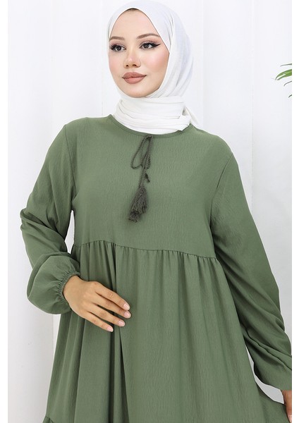 Yaka Bağcıklı Kat Kat Elbise 4107-02 Haki modelleri