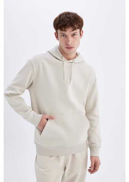 Regular Fit Kapüşonlu Kanguru Cepli İçi Yumuşak Tüylü Basic Düz Sweatshirt X8283AZ24AU