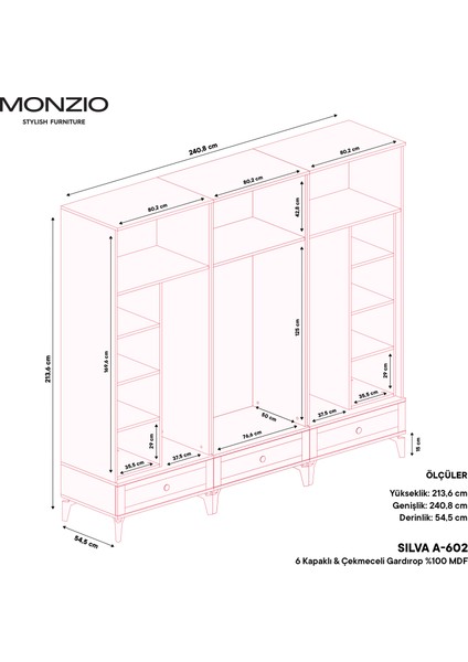 Silva 6 Kapaklı Çekmeceli Gardırop Tamamı MDF (Beyaz)