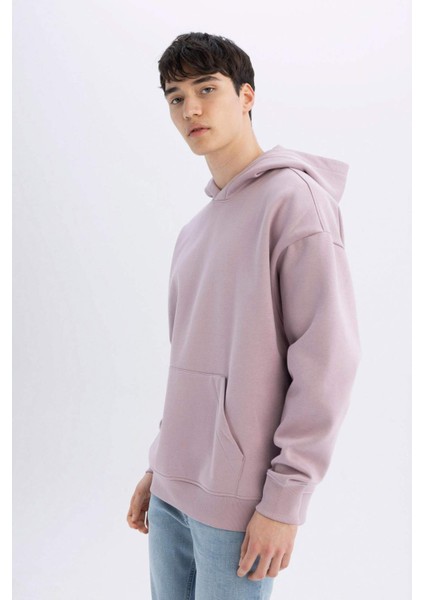 Oversize Geniş Kalıp Kapüşonlu Kanguru Cepli Basic Düz Sweatshirt A4331AX24AU
