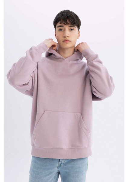 Oversize Geniş Kalıp Kapüşonlu Kanguru Cepli Basic Düz Sweatshirt A4331AX24AU