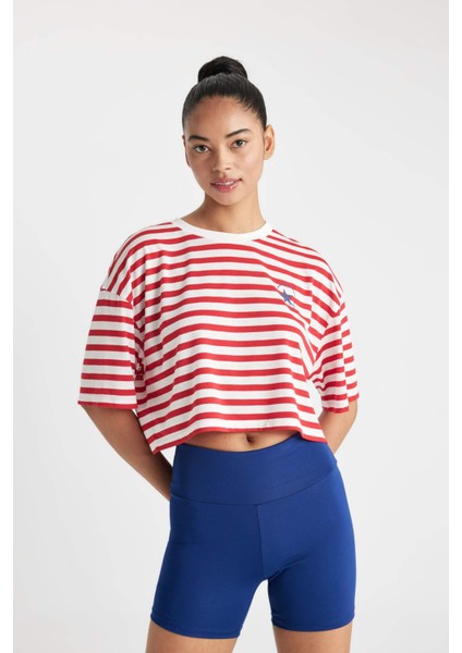 Fit Crop Bisiklet Yaka Çizgili Sporcu Kısa Kollu Tişört C5823AX24SM