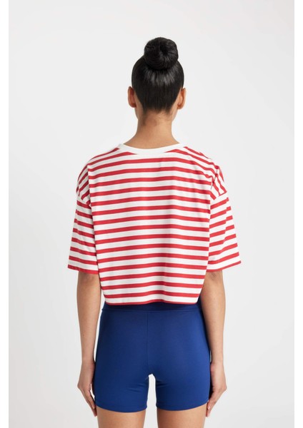Fit Crop Bisiklet Yaka Çizgili Sporcu Kısa Kollu Tişört C5823AX24SM