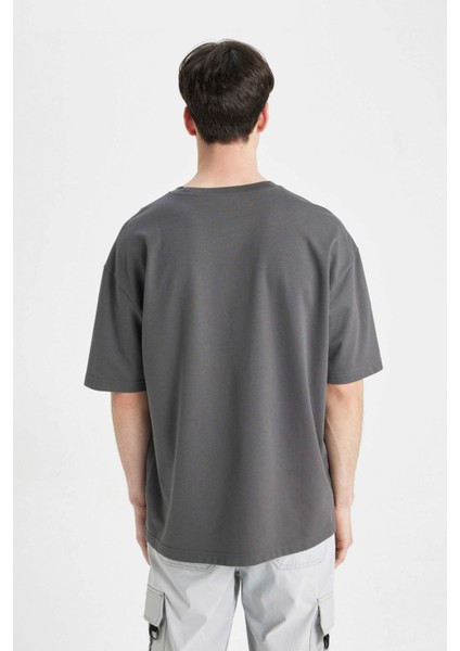 Oversize Geniş Kalıp Bisiklet Yaka Kısa Kollu Basic Düz Ağır Kumaş Tişört X3926AZ24AU