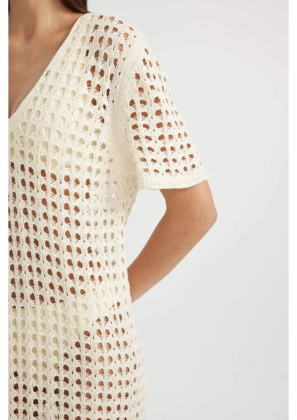 V Yaka Kısa Kollu Triko Örgü Plaj Elbisesi-Fall in Love C6138AX24SM