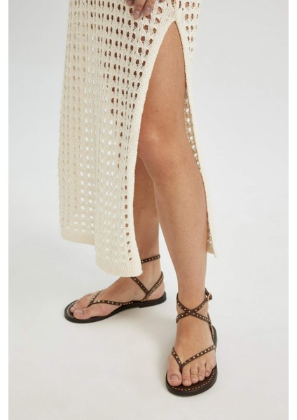 V Yaka Kısa Kollu Triko Örgü Plaj Elbisesi-Fall in Love C6138AX24SM