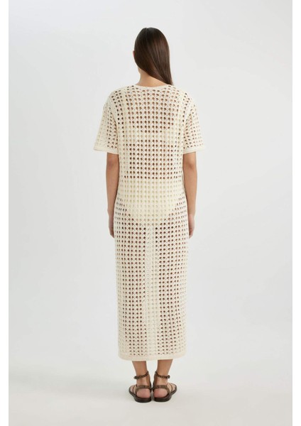 V Yaka Kısa Kollu Triko Örgü Plaj Elbisesi-Fall in Love C6138AX24SM