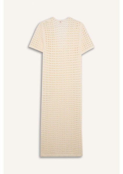 V Yaka Kısa Kollu Triko Örgü Plaj Elbisesi-Fall in Love C6138AX24SM