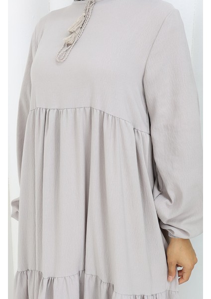 Yaka Bağcıklı Kat Kat Elbise 4107-04 Gri fırsatları