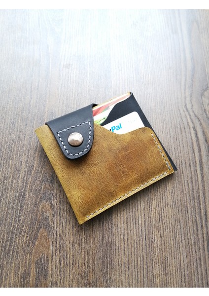 Hakiki Deri Kartlık Isimli Gerçek Deri Minimal Kartlık Vintage Koyu Sarı Siyah MK50