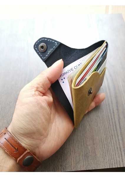 Hakiki Deri Kartlık Isimli Gerçek Deri Minimal Kartlık Vintage Koyu Sarı Siyah MK50 fiyatları