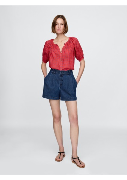 Kadın Mavi Gap × Dôen High Rise Pileli Denim Şort Pantolon