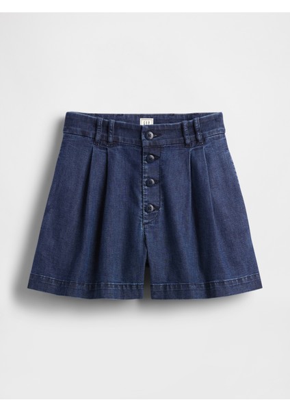 Kadın Mavi Gap × Dôen High Rise Pileli Denim Şort Pantolon