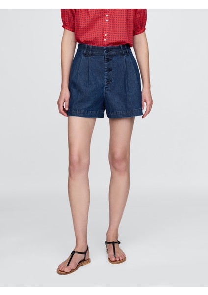 Kadın Mavi Gap × Dôen High Rise Pileli Denim Şort Pantolon