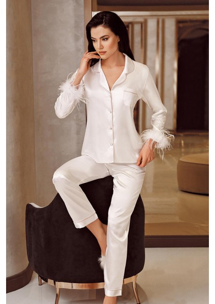 Imaj 2250 Ekru Renk Saten 2li Pijama Takım