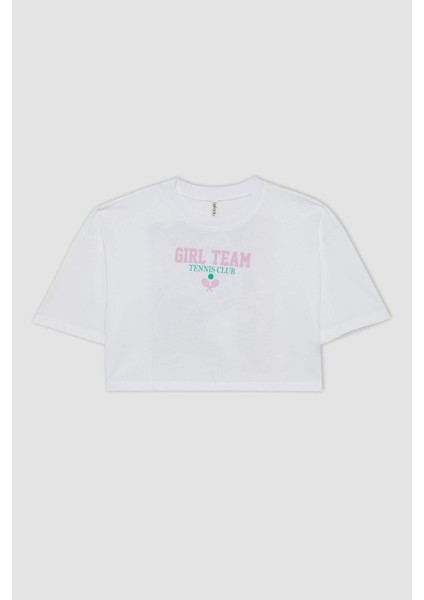 Kız Çocuk Bisiklet Yaka Baskılı Kısa Kollu Crop Tişört C4724A824SM