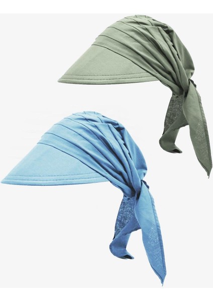 Kadın Bağlamalı Siperli Eşarp Bandana Plaj Şapkası 2li Paket Haki/mavi