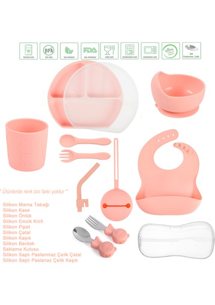 Silikon Beslenme Seti Vakumlu, Kapaklı Silikon Mama Tabağı, Kase, Önlük, Çatal-Kaşık, Bardak, Pipet, E.Kılıfı, Paslanmaz Çelik Çatal, Kaşık ve Saklama Kutusu / Pembe