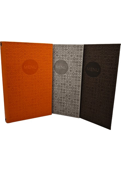 Desenli Termo Deri Menü - 30X18 cm - Kahverengi / Turuncu / Beyaz Renk Seçenekli