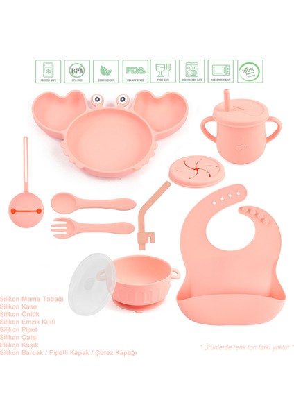Yengeç Figürlü Vakumlu Silikon Beslenme Seti; Mama Tabağı, Kase, Emzik Kılıfı, Pipet, Önlük, Çatal-Kaşık, Bardak / Pembe