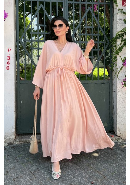 Krinkıl Kumaş Beli Lastikli Elbise - Pudra