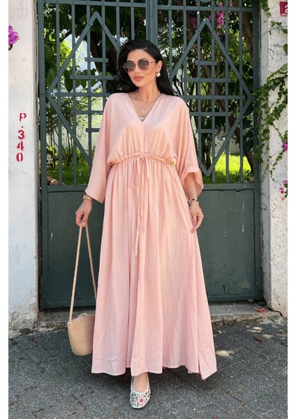 Krinkıl Kumaş Beli Lastikli Elbise - Pudra fiyatları