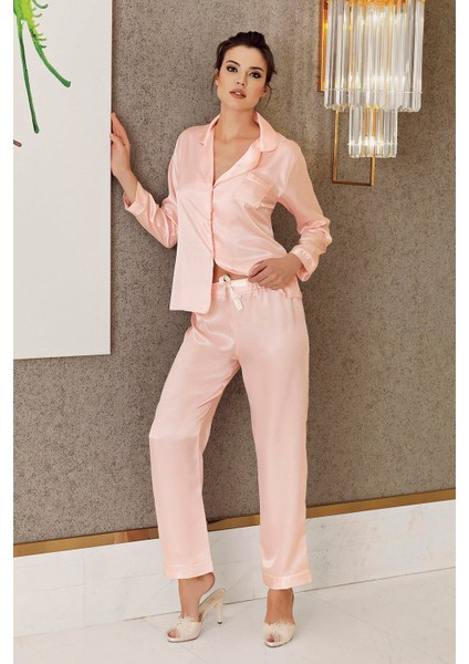 Imaj 2240 Pudra Renk Saten Uzun Kollu 2li Pijama Takım