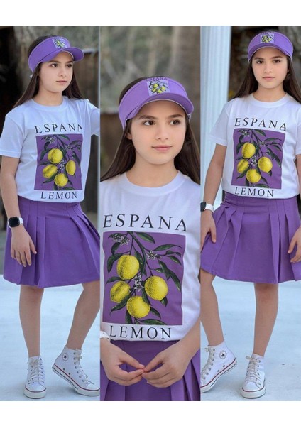 Limon Baskılı Şort Etek Detaylı 3lü Kız Takımlar modelleri