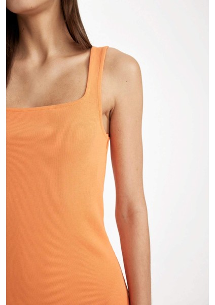 Bodycon Vücuda Oturan Basic Düz Kare Yaka Fitilli Kaşkorse Kolsuz Midi Elbise Z7577AZ24SM