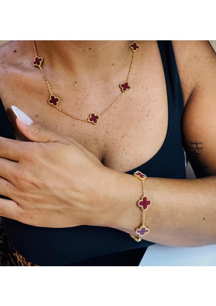Çelik Kadın Gold Bordo Kolye& Bileklik &küpe Set