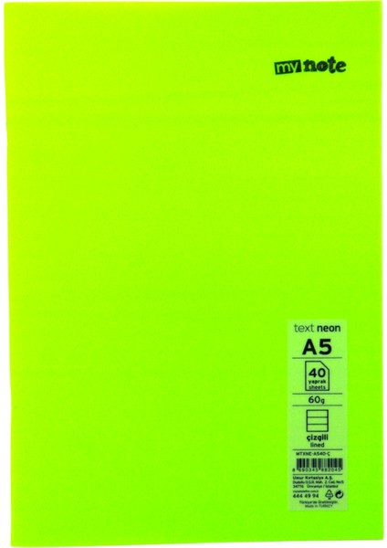 Text A5 40 Yaprak Çizgili Plastik Neon Kapaklı Defter Yeşil